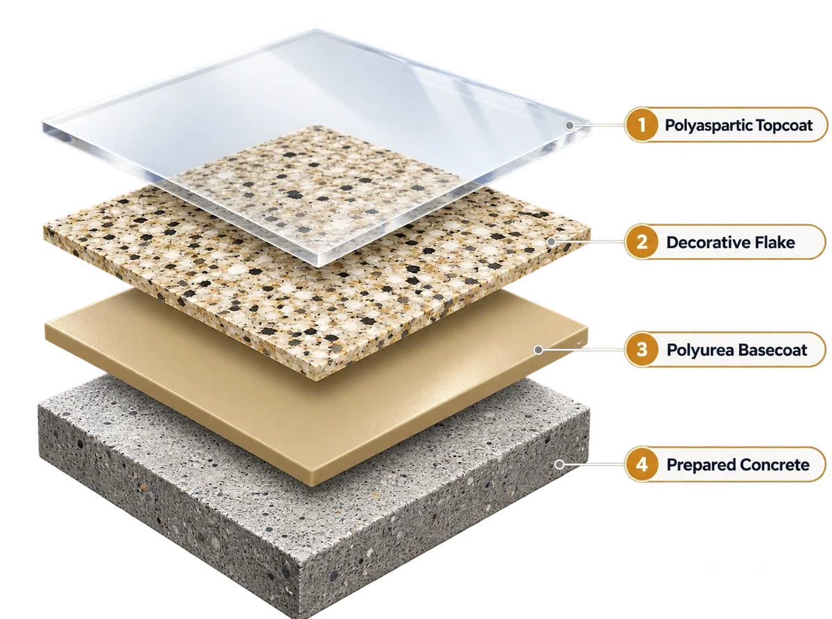 Diagram of the Comer & Cross coating system: concrete, polyurea basecoat, decorative flake and polyaspartic topcoat